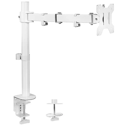 Image of VIVO Single Monitor Arm Desk Mount, Holds Screens up to 32 inch Regular and 38 Ultrawide, Fully Adjustable STAND with C Clamp Grommet Base, VESA 75x75mm or 100x100mm, White, V001W