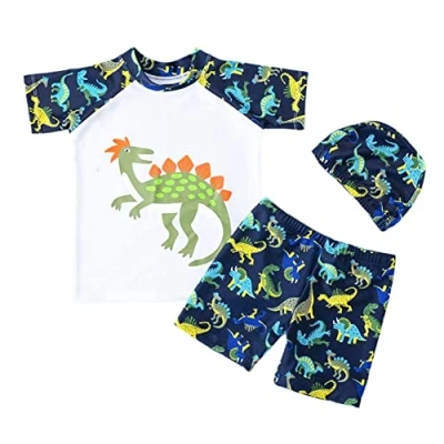 Image of FedMois Boy Swim Set, 3 Pieces Set Shirt + Swimming Shorts Cap, Dinosaurs White, 2 Years