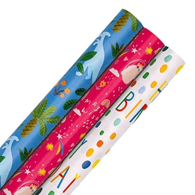 Image of Hallmark Kids Birthday Wrapping Paper Bundle 3 Rolls in Fun Designs