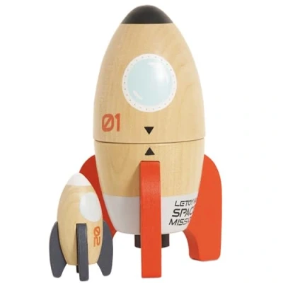 Image of Le Toy Van TV808 Wooden Space Duo Toy, Plastic Free with Hidden Mini Rocket, Suitable for 24+ months, girls and Boys Transportation, Multicoloured, One Size