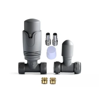 Image of Team Controls Anthracite Grey Straight TRV Thermostatic Radiator Valve &amp; Lockshield 10mm Pack Set Pair inc 2no. Inset Reducer