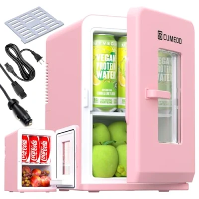 Image of Mini Fridge 15 Liter/21 Cans, Upgrade Portable AC+DC Power Small Refrigerator for Bedroom, Car, Office, Thermoelectric Cooler and Warmer Skincare Food, Drinks, Max &amp; ECO Mode, Pink