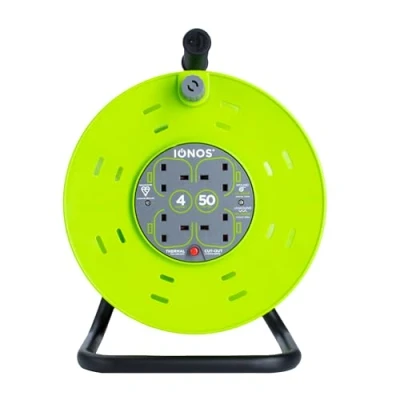 Image of Status: IONOS 4 Socket Cable Reel, 50m Green Extension Lead, 13A with Thermal Cut Out, Heavy Duty Outdoor ION50M13ACR1