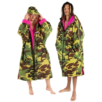 Image of Dryrobe Advance The Original Long Sleeve Waterproof Changing Robe Oversized Coat with Fleece Lining for Beach, Cold Water Wild Swimming, Surfing Unisex, Men, Women &amp; Kids Large Camo/Pink