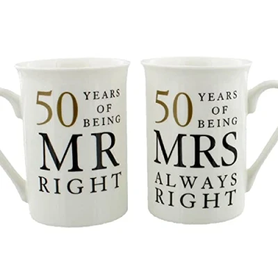 Image of Widdle Gifts Ltd 50th Anniversary Set of 2 China Mugs &#039;Mr Right &amp; Mrs Always Right&#039; Golden