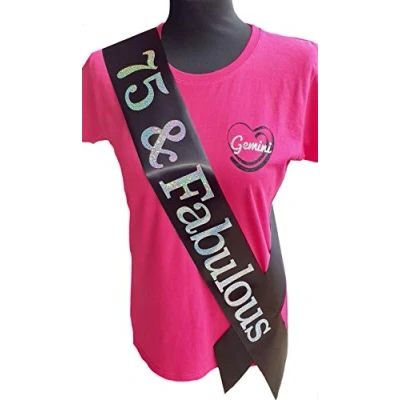 Image of Gemini Ribbons 75 and Fabulous 75th Birthday Sash Holographic Party Womens Mens Gift