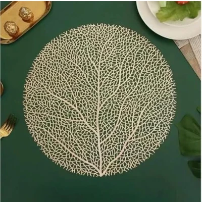Image of Marco Paul Set of 4 Gold Placemats Round Leaf Table Mats Heat Resistant Modern Kitchen Dining Home Decor Place Wedding Party Accessories 38cm