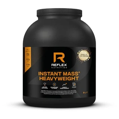 Image of Reflex Nutrition Instant Mass Heavyweight Protein Shake Mix, Gainer, Over 1000 Kcal per Serving, 60 g Protein, Creatine, High Calorie Post Workout or Before Bed, Vanila, 2 kg