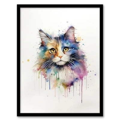 Image of Artery8 Norwegian Forest Cat Lovers Gift Watercolour Pet Portrait Painting Artwork Framed Wall Art Print A4