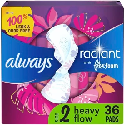 Image of Always Radiant Feminine Pads for Women, Size 2 Heavy, with Wings, Scented, 36 CT