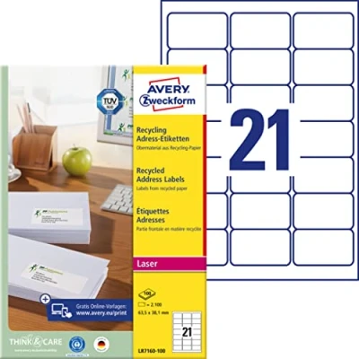Image of AVERY Zweckform LR7160 100 Labels Recycled 63.5 x 38.1 mm 2,100 Address on Sheets Self Adhesive Printable Matte Paper 100% Blue Angel Natural White