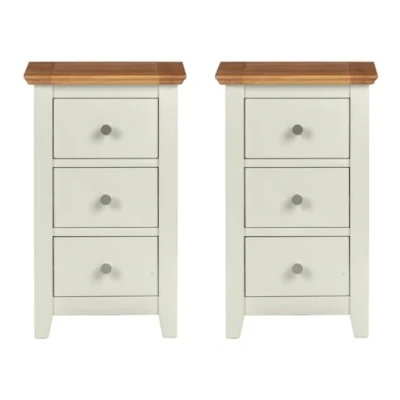 Image of Hallowood Furniture Clifton Oak Green Off White Painted Small Bedside Table with 3 Drawers Set of 2, Solid Wooden Narrow Side Table, Lamp Cabinet for Living Room and Bedroom