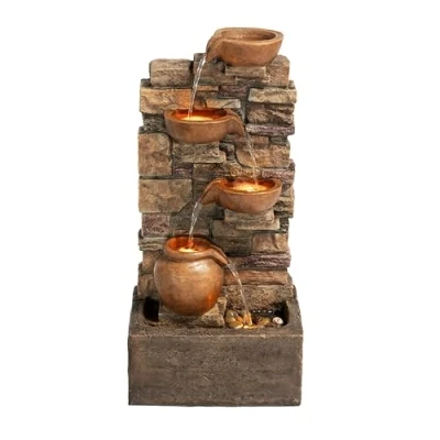 Image of Teamson Home 72.3 cm Outdoor 4 Tier Stacked Stone Cascading Water Fountain with LED Lights, Brown