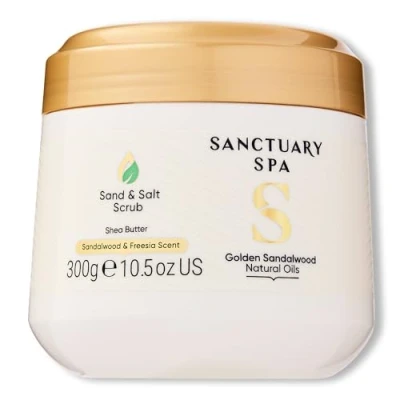 Image of Sanctuary Spa Golden Sandalwood Sand and Salt Scrub, 92% Natural Body Exfoliator, Mineral Oil Free, Cruelty Free &amp; Vegan, 300g