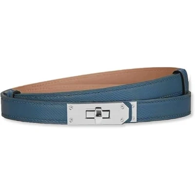 Image of baizhong Women Skinny Leather Belt Classic Solid Color Alloy Turn Lock Ladies Adjustable Slim Thin Waist （Dark Blue/Silver）
