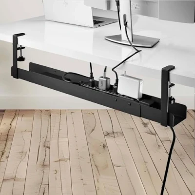 Image of StarTech.com Under Desk Cable Management Tray, Length Adjustable, Clamp On Installation, No Drilling Required, Black