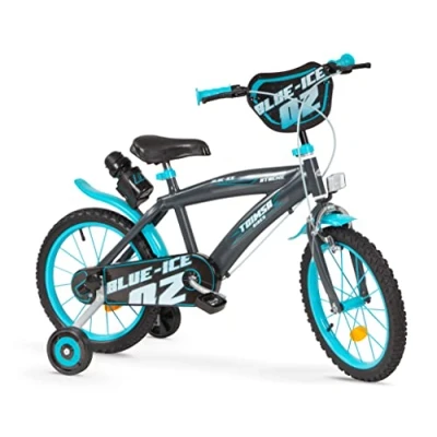 Image of Toimsa Blue Ice, 16 Inch Bicycle/Kids Bike learn to ride outdoors, with shield, training wheel stabilisers and mudguard, suits child 5 7 Years, Black