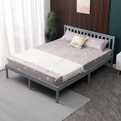 Image of WestWood Double Bed Solid Pine Frame Headboard Durable Shaker Style Low Foot End Wooden Platform With Wood Slat Support Bedroom Furniture Strong Legs Adults Kids Teenagers Grey