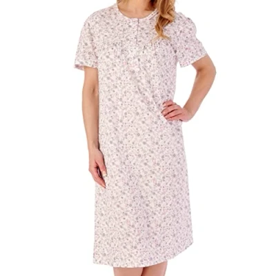 Image of Slenderella Sketch Floral Short Sleeve Buttoned Top Cotton 42 inch Nightdress (20/22, Grey)
