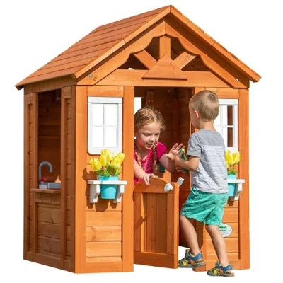 Image of Backyard Discovery Timberlake Playhouse Wooden House For Outdoor Play, With Fun Accessories, Kids Garden House, 100% Cedar Wood, 2 10 Year Olds Brown Colour