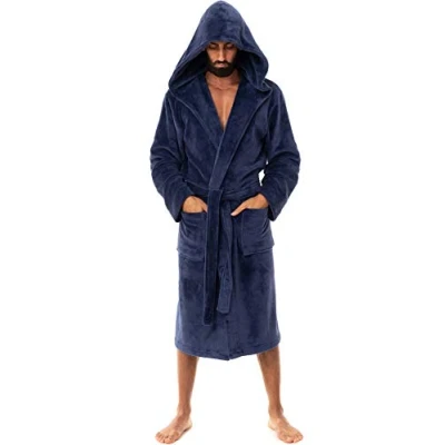 Image of John Christian Men&#039;s Warm Hooded Fleece Dressing Gown Navy (Large)