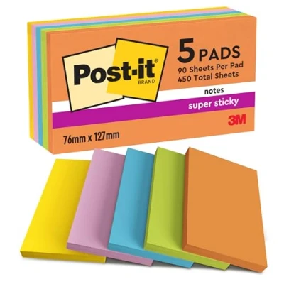 Image of Post it Super Sticky Notes, Double the Sticking Power, 5 Pads, 450 Sheets, 76 mm x 127 mm, Blue, Green, Orange, Pink, Yellow Colors Self Notes for Walls, Monitors and Fridge