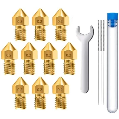 Image of MMOBIEL 10 Pcs 0.2mm Brass MK8 3D Printer Nozzles Extruder Compatible With Creality Ender 3 Series, 5 CR 10/10S, Makerbot,Incl. Cleaning Needles and Wrench