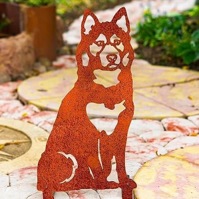 Image of Alaskan Malamute Garden Ornament Christmas Dog Lover Owner Gift Siberian Husky Related Statue Figurine Metal Home Decoration Sculpture (Red Tan Natural Oxidised)