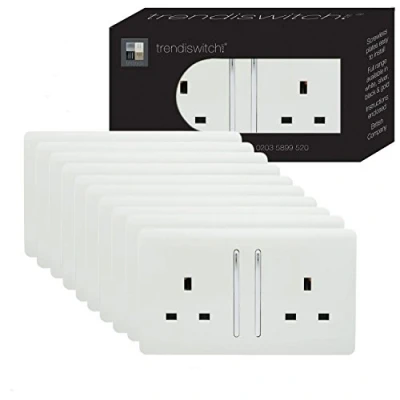 Image of Trendi Switch 2 Gang Artistic Modern Glossy 13 Amp Electrical Long Switched Double Plug Socket White x10