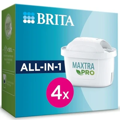 Image of BRITA MAXTRA PRO All in 1 Tap Water Filter Pack of 4 Filters Reduces Chlorine, Limestone, PFAS and Metals, Original Compatible with Jug