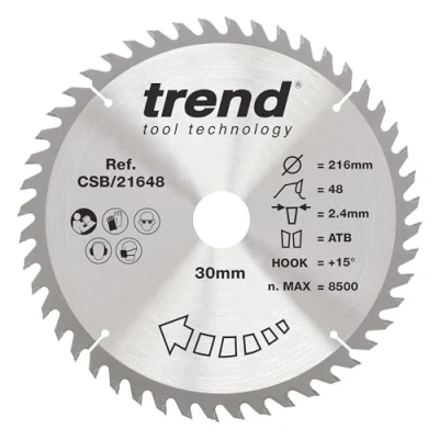 Image of Trend Wood Circular Saw Blade, 216mm Diameter, 30mm Bore, 48 Teeth, 2.4mm Kerf, +15 Hook, TCT, Fine Finish, CSB/21648