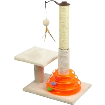 Image of Tall 25&quot; Cat Scratching Post Kitten Scratch Indoor with Sisal Pole Cats Scratcher Interactive Tracks Toy Balls Soft Smooth Plush Carpet (Beige)