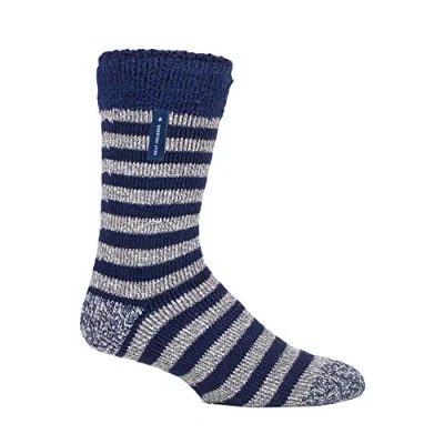 Image of HEAT HOLDERS Mens Warm Luxury Fluffy Fleece Lined Lounge Sleep Bed Socks (6 11 UK, Navy Stripe (Lumi))