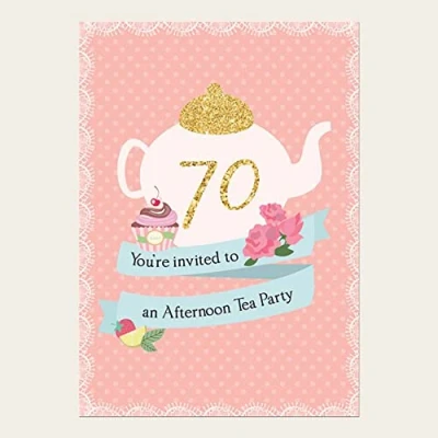 Image of Dotty about Paper Birthday Party Invitations Teapot and Cupcake Pack of 10 70th. Celebration, Family, Friends, Floral, Watercolours, Wide Range Ages. Envelopes Included. (769)