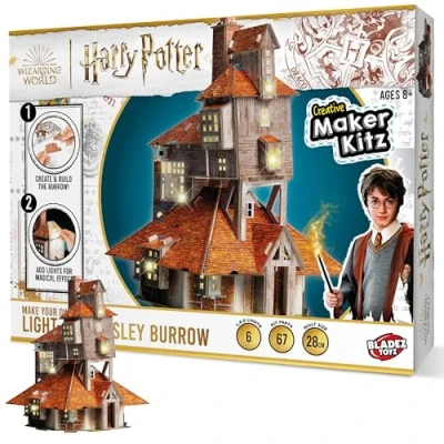 Image of BLADEZ Harry Potter Toyz Make Your Own Light Up Weasley Burrow Build &amp; Iconic Family Home with LED Lights Official Gift for Kids Art Set 8 12 STEM Craft Kit