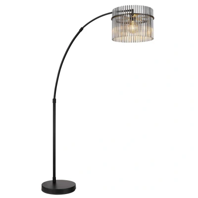 Image of Gorley Arc Floor Lamp Matt Black Smoke Glass Shade 1x E27