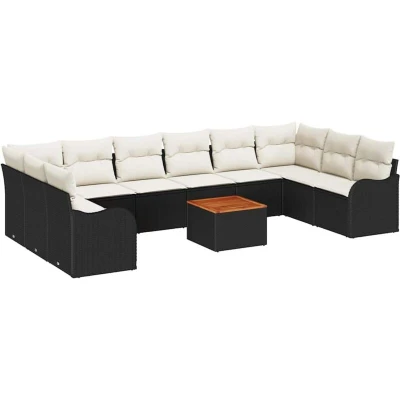 Image of vidaXL 11 Piece Garden Sofa Set with Cushions Black Poly Rattan Acacia