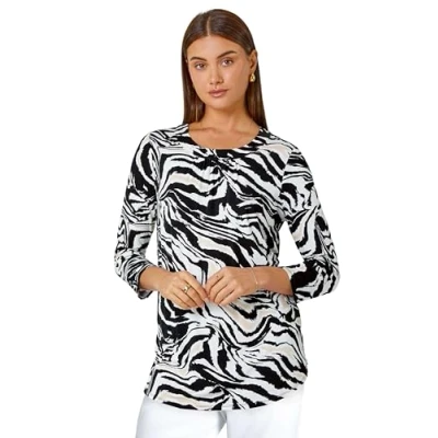 Image of Roman Womens Animal Print Pleated Stretch Top Black viscose Size 12 UK