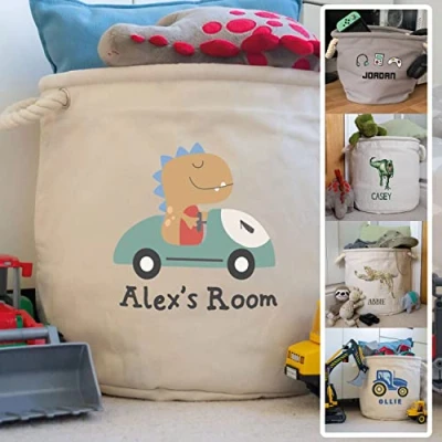 Image of Stickerscape Personalised Dinosaur Car Storage Trug (Natural Medium) Children&#039;s Basket, Toy Storage, Laundry Basket 100% Cotton Canvas Kid&#039;s Bedroom Decor, Nursery Decor