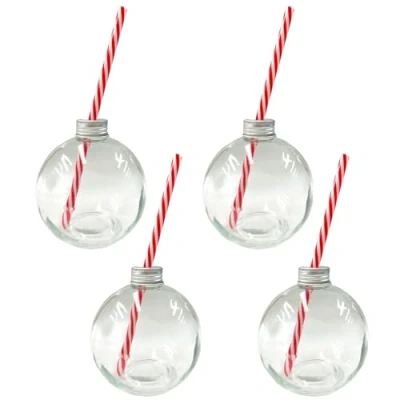 Image of Widdle Wonderland Christmas Bauble Glass Drinking Set of 4 with Paper Straw 9544