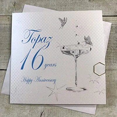 Image of White Cotton Cards BD116C &quot;Happy Anniversary 16 Years Topaz&quot; Handmade Card,