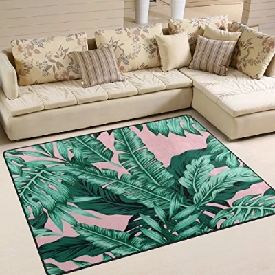 Image of Use7 Tropical Green Leaves Pink Summer Area Rug Rugs for Living Room Bedroom 203cm x 147.3cm(7 5 feet)