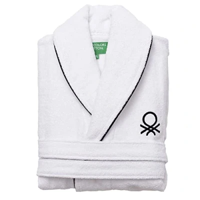 Image of United Colors of Benetton Unisex Luxury Towel Robe 100% Turkish Cotton Terry Towelling Bathrobe with Piping Soft &amp; Absorbent Men Women Dressing Gown 360GSM, L/XL, Black White Rainbow