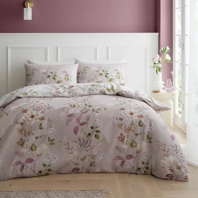 Image of Bianca Francesca Floral 200 Thread Count Cotton Reversible Double Duvet Cover Set with Pillowcases, Cream Pink
