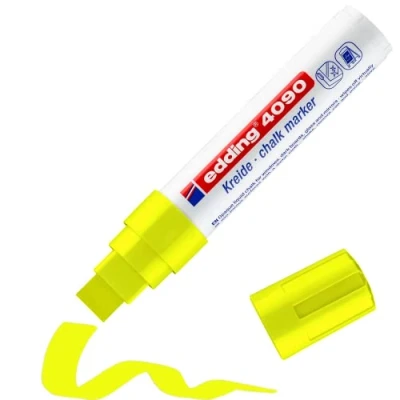 Image of edding 4090 chalk marker neon yellow 1 pen chisel nib 4 15 mm broad wet wipe for chalkboards, windows, glass, mirrors liquid pens opaque coverage