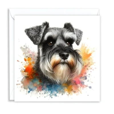 Image of Schnauzer Dog Watercolour Splash Effect Artistic Blank Greeting Card