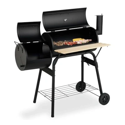 Image of Relaxdays Smoker Barbecue, with Lid &amp; 2 Shelves, Wheels, Thermometer, Charcoal Grill, Steel Wood, Mobile BBQ, Black, Plastic, 106 x 114 67 cm