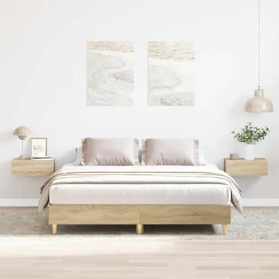Image of vidaXL Bed Frame King Size 150x200 cm Engineered Wood Sonoma Oak Finish Sturdy Slatted Base Modern Bedroom Furniture