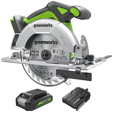 Image of Greenworks GD24KSK2 Cordless Circular Saw, 4800 RPM, 165 mm Blade, 57mm Cutting Depth, with 2Ah Battery and Charger