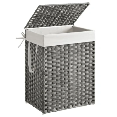 Image of SONGMICS Handwoven Laundry Basket, 90L Synthetic Rattan Clothes Hamper with Lid and Handles, Foldable, Removable Liner Bag, White LCB51WT